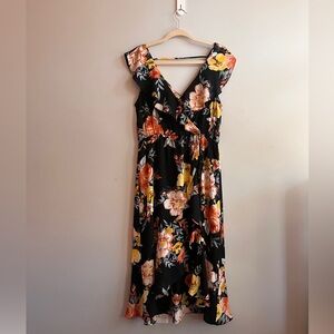 Socialite size L black and floral faux wrap high low wedding guest dress